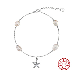 Real Platinum Plated 925 Sterling Silver Cable Chain Anklet, Natural Freshwater Pearls, Micro Pave Grade 4A Cubic Zirconia Star Charm, Real Platinum Plated, 8-7/8 inch(22.5cm)