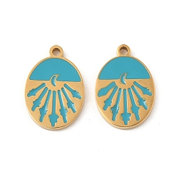 Средний Бирюзовый 304 из нержавеющей стали шармы эмали, овальные амулеты, ионное покрытие (ip), реальный 18 k позолоченный, средне бирюзовый, 14x9.5x1.5 мм, отверстие : 1.2 мм