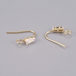 Real 14K Gold Plated Brass Earring Hooks, Ear Wire, with Clear Cubic Zirconia and Horizontal Loop, Long-Lasting Plated, Real 14K Gold Plated, 16x13x3.5mm, Hole: 2mm, 20 Gauge, Pin: 0.8mm