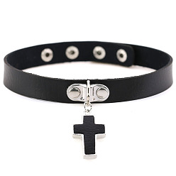 Black PU Leather Adjustable Choker Necklace, Alloy Cross Pendant Necklace with Stainless Steel Snap Buttons for Women, Black, 15.75 inch(40cm)