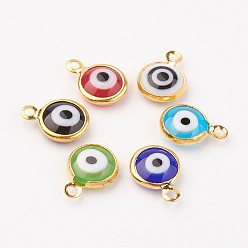 Mixed Color Lampwork Charms, with Brass Findings, Flat Round/Eye, Golden, Mixed Color, 12x9x3mm, Hole: 1.5mm