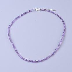 Amethyst Natural Amethyst Beaded Necklaces, with Brass Lobster Claw Clasps, Faceted Round Beads, 16.5 inch~16.7 inch(42~42.5cm)x2mm