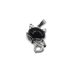 Black Stone Natural Black Stone Pendants, Platinum Plated Alloy Mask Kitten Charms, 31x20mm