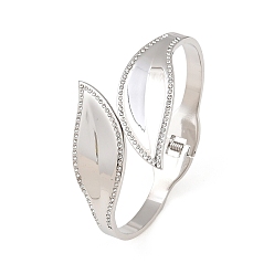 Stainless Steel Color 304 Stainless Steel Crystal Rhinestone Leaf Open Hinged Cuff Bangles for Women, Stainless Steel Color, Inner Diameter: 1.85 inch(4.7cm)x2.52 inch(6.4cm)
