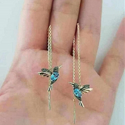 Aquamarine Rhinestone Hummingbird Long Tassel Dangle Stud Earrings, Golden Alloy Ear Thread for Women, Aquamarine, 100x11mm