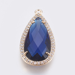 Blue Brass Glass Pendants, with Cubic Zirconia, Faceted, teardrop, Light Gold, Blue, 27.5x14x4mm, Hole: 1.2mm