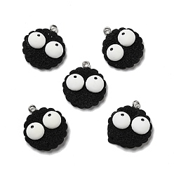 Black Opaque Resin Pendants, with Platinum Tone Iron Loops, Imitation Food, Biscuits with Eyes, Black, 24.5x22x7mm, Hole: 2mm