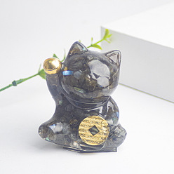 Labradorite Resin Fortune Cat Display Decoration, with Natural Labradorite Chips inside Statues for Home Office Decorations, 55x40x60mm