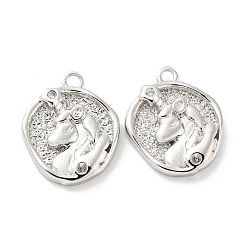 Real Platinum Plated Brass Micro Pave Cubic Zirconia Charms, Unicorn, Real Platinum Plated, 14x11x3mm, Hole: 1.4mm