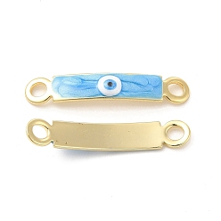 Deep Sky Blue Brass Connector Charms, Curved Rectangle Links with Evil Eye Pattern, with Enamel, Real 18K Gold Plated, Long-Lasting Plated, Deep Sky Blue, 30x5x2mm, Hole: 3mm