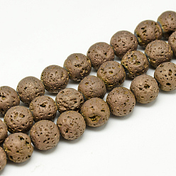 Copper Plated Electroplate Natural Lava Rock Beads Strands, Matte Style, Round, Copper Plated, 8x8.5mm, Hole: 1mm, about 48pcs/strand, 15.3 inch