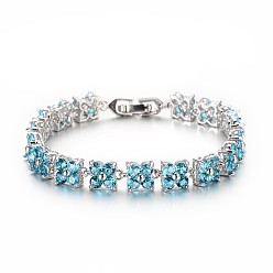 Deep Sky Blue Noble Gift Ideas for Lady Platinum Tone Brass Micro Pave Cubic Zirconia CZ Flower Link Chain Bracelets, with Watch Band Clasps , Deep Sky Blue, 170x7x5mm