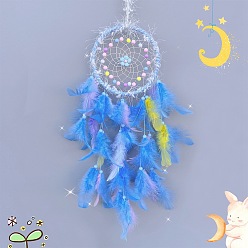 Dodger Blue Woven Web/Net with Feather Decorations, with Iron Ring, for Home Bedroom Hanging Decorations, Flower, Dodger Blue, 580mm