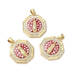 Красный Латунные микро проложить кубического циркония подвески, с эмалью и ракушкой, долговечный, без свинца и без кадмия, реальный 18 k позолоченный, восьмиугольник с девой марией, красные, 22.5x20x4 мм, отверстие : 5x3.5 мм