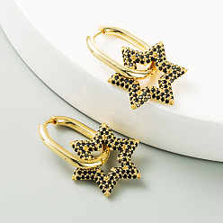 black Boho Six-Pointed Star Earrings with Colorful Zirconia Stones - Fashionable and Versatile Jewelry