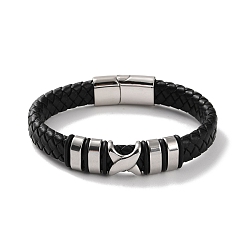 Stainless Steel Color Men's Braided Black PU Leather Cord Bracelets, Cross 304 Stainless Steel Link Bracelets with Magnetic Clasps, Stainless Steel Color, 9 inch(22.8cm)