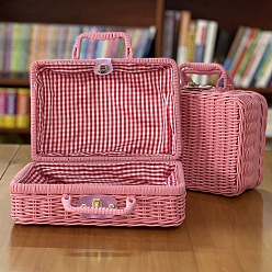 Hot Pink Plastic Imitation Rattan Storage Box, with Handle, Rectangle, Hot Pink, 22x11x17cm