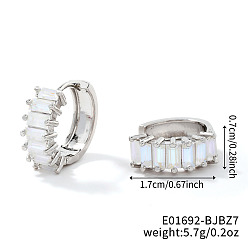 Белый Латунные прямоугольные серьги-кольца, с кубического циркония, платина, белые, 17x7 мм