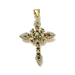 Темно-оливково-зеленый Латунные микро проложить кубического циркония подвески, крестик, без кадмия и без свинца, стойки покрытие, долговечный, темно-оливковый зеленый, 31x21x3.5 мм, отверстие : 4x3.5 мм