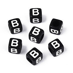 Letter B Начальные акриловые бусины с горизонтальной дырочкой, кубические, чёрные, В письме, 6x6x6 мм, отверстие : 3.5 мм, 3330 шт / 500 г