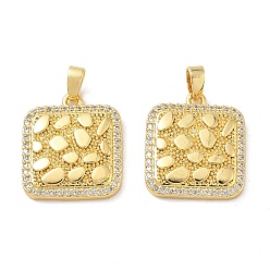 Real 18K Gold Plated Brass Micro Pave Clear Cubic Zirconia Pendants, Textured Square Charms, Real 18K Gold Plated, 19x17x3mm, Hole: 5x3mm