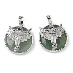 Зеленый Авантюрин Плоские круглые подвески из натурального зеленого авантюрина, латунные драконьи драгоценные камни амулеты, платина, стойки покрытие, без кадмия и без свинца, 31.5x27x7.5~8.5 мм, отверстие : 8x5 мм