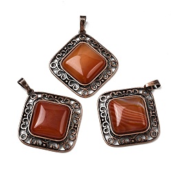 Red Agate Подвески в форме ромба из натурального сердолика (окрашенного и подвергнутого термической обработке)., с винтажной латунной рамкой красного медного оттенка, 39x36.5x7~8 мм, отверстие : 8.5x5 мм