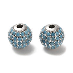 Bleu Ciel Plaqué rhodium 925 perles en argent sterling micro pavées de zircones cubiques, ronde, Platine plaqué, bleu ciel, 10x9mm, Trou: 2.2mm