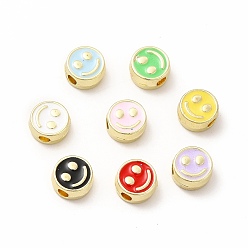 Mixed Color Rack Plating Alloy Enamel Beads, Cadmium Free & Nickel Free & Lead Free, Flat Round with Smiling Face Pattern, Light Gold, Mixed Color, 7.5x4mm, Hole: 2mm