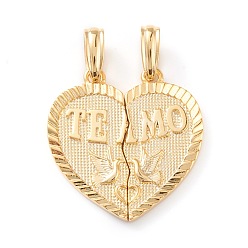 Real 18K Gold Plated Brass Split Pendants, Long-Lasting Plated, Heart with Bird & Word TEAMO, Real 18K Gold Plated, 25x12x2mm, Hole: 6x3mm, 2pcs/set