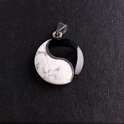 Black Natural Howlite Bagua Pendants, Yin-yang Charms, Mixed Dyed and Undyed, White, Black, 25mm