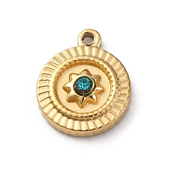 Цвет Индиго 304 из нержавеющей стали горный хрусталь подвески, плоское круглое солнце, ионное покрытие (ip), реальный 14 k позолоченный, темно-синий, 12.5x10x3 мм, отверстие : 1.2 мм