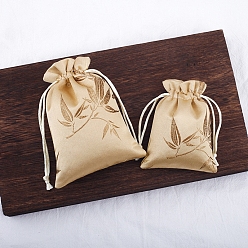 Bisque Silk Embroidery Leaf Storage Bags, Drawstring Pouches Packaging Bag, Rectangle, Bisque, 14x10cm