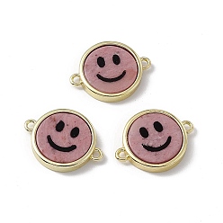 Rhodonite Natural Rhodonite Connector Charms, Flat Round with Smiling Face Links, with Rack Plating Golden Tone Brass Findings, Cadmium Free & Lead Free, 15.5x20x3mm, Hole: 1.6mm