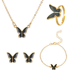 Light Gold Alloy Butterfly Jewerly Set, Black Enamel Pendant Necklace & Adjustable Ring Stud Earrings & Link Bracelet, Light Gold, 430~450mm