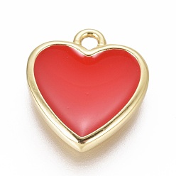 Red Golden Plated Brass Charms, with Enamel, Heart, Red, 15x13x2mm, Hole: 1.6mm