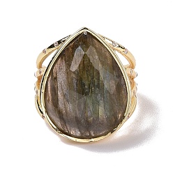 Labradorite Natural Labradorite Teardrop Open Cuff Ring with Clear Cubic Zirconia, Rack Plating Brass Jewelry for Women, Cadmium Free & Lead Free, US Size 8 3/4(18.7mm)