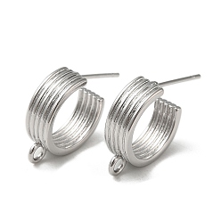 Real Platinum Plated Brass Ring Stud Earring Finding, Half Hoop Earrings with Loops, Real Platinum Plated, 15x18x5mm, Hole: 1.8mm, Pin: 10x0.8mm