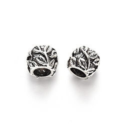 Antique Silver Tibetan Style Alloy European Bead Settings for Enamel, Large Hole Beads, Lead Free, Rondelle with Leaf, Antique Silver, 8.5x7.5mm, Hole: 5mm, about 590pcs/1000g