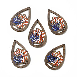 Flower American Flag Theme Single Face Printed Aspen Wood Pendants, Teardrop Charm, Rose Pattern, 49.5x31x2.5mm, Hole: 1.6mm