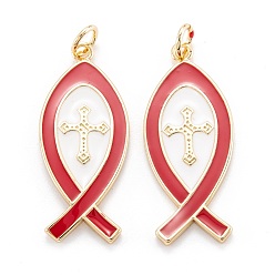 Red Real 18K Gold Plated Brass Pendants, with Enamel, Long-Lasting Plated, Christian Ichthys Ichthus with Cross, Red, 30.5x12.5x1.5mm, Jump Ring: 5x0.7mm, 3.6mm inner diameter