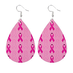 Hot Pink Imitation Leather Teardrop Dangle Earrings with Brass Pins, October Breast Cancer Pink Awareness Ribbon Earrings, Hot Pink, 76x36mm