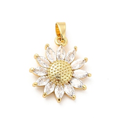Real 18K Gold Plated Brass Micro Pave Clear Cubic Zirconia Pendants, with Glass, Sun Charmsflower, Real 18K Gold Plated, 19x17x3.5mm, Hole: 5x3mm