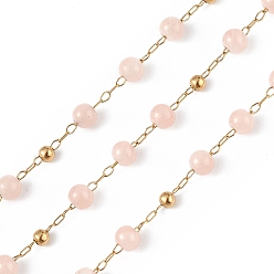 Pink Dyed Natural Jade Round Beaded Chain, with Golden 304 Stainless Steel Satellite Chains, Unwelded, with Spool, Pink, 2.5x1x0.3mm, 5x4mm, 3mm, about 32.81 Feet(10m)/Roll