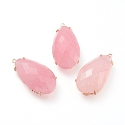 Pink Природного нефрита подвески, с настройками латунь когтями, граненые, слеза, окрашенные, золотые, розовые, 31x16x8 мм, отверстие : 1.2 мм