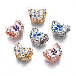 Mixed Color Rack Plating Alloy European Beads, Large Hole Beads, with Crystal Rhinestone & Enamel, Cadmium Free & Nickel Free & Lead Free, Butterfly, Mixed Color, 9x12.5x9mm, Hole: 4.5mm