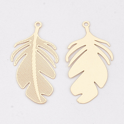 Light Gold Brass Pendants, Etched Metal Embellishments, Long-Lasting Plated, Leaf, Light Gold, 30x15x0.3mm, Hole: 1.2mm
