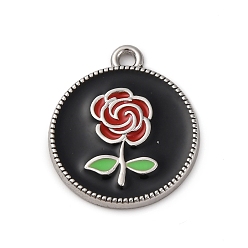 Плоский Круглый Подвески из эмали и сплава, без свинца и без кадмия, цветочный шарм, платина, плоско-круглые с розой , 21x18x2 мм, отверстие : 1.6 мм