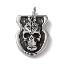 Antique Silver 304 Stainless Steel Pendants, with Jump Ring, Shield with Skull Charm, Antique Silver, 39x31x12mm, Hole: 10mm