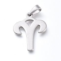 Aries 304 Stainless Steel Pendants, Constellation/Zodiac Sign, Stainless Steel Color, Aries, 34.5x26x1.5mm, Hole: 9.5x4.5mm